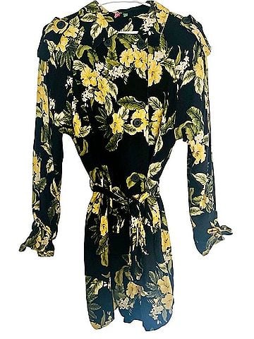 FARM Rio FARM Rio Black Mini Shirt Dress with Yellow Floral Tropical Print Large Romper (view 1)