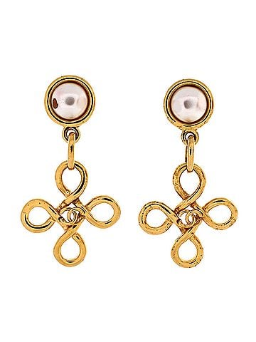 Chanel Vintage CC Cross Dangle Clip-on Earrings Metal with Faux Pearl (view 1)