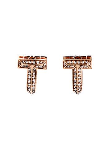 Tiffany & Co. T1 Huggie Hoop Earrings 18K Rose Gold with Half Pave Diamonds (view 1)