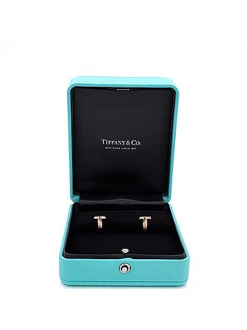 Tiffany & Co. T1 Huggie Hoop Earrings 18K Rose Gold with Half Pave Diamonds (view 2)