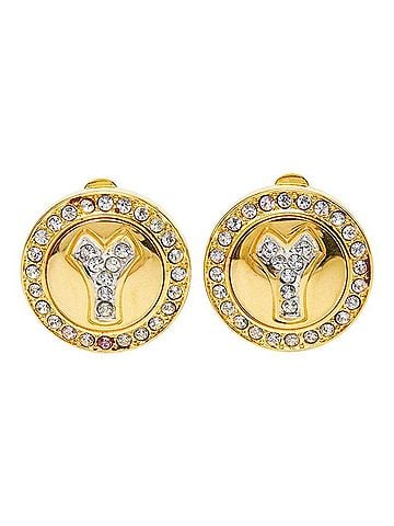 Yves Saint Laurent Yves Saint Laurent Saint Laurent Y Logo Earrings, Gold Plated, Rhinestones, Women's. (view 2)