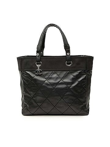 Chanel Chanel Paris Biarritz MM Tote Bag, Black Leather Coated Canvas, Women's CHANEL (view 1)