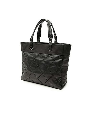 Chanel Chanel Paris Biarritz MM Tote Bag, Black Leather Coated Canvas, Women's CHANEL (view 2)