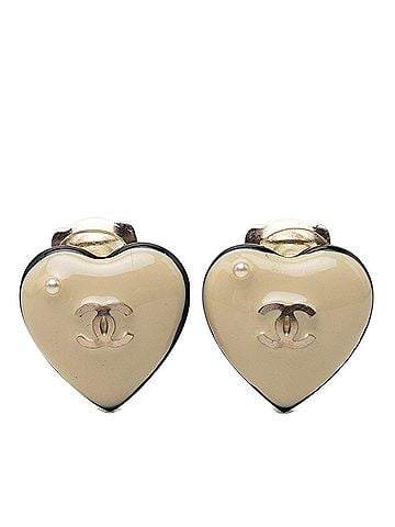 Chanel Chanel Coco Mark Heart Motif Earrings 06P Gold Beige Black Plated Faux Pearl Women's CHANEL (view 1)