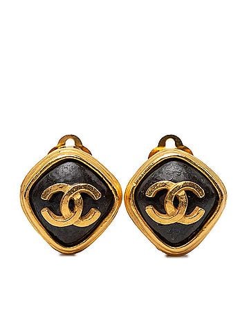 Chanel Chanel Coco Mark Vintage Square Earrings, 97A Engraving, Gold and Black Plated, Women's CHANEL (view 1)