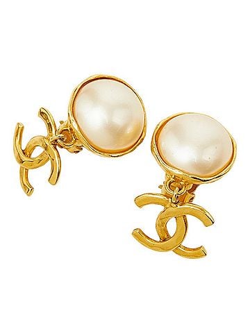 Chanel Chanel Coco Mark Vintage Swing Earrings, 95P Stamp, Gold Plated, Faux Pearl, Women's CHANEL (view 1)