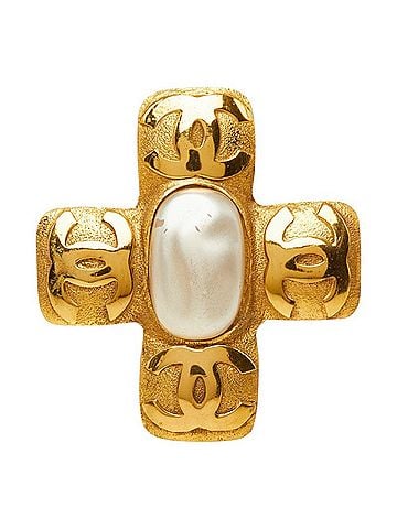 Chanel Chanel Coco Mark Vintage Cross Brooch Gold Plated Faux Pearl Women's CHANEL (view 1)
