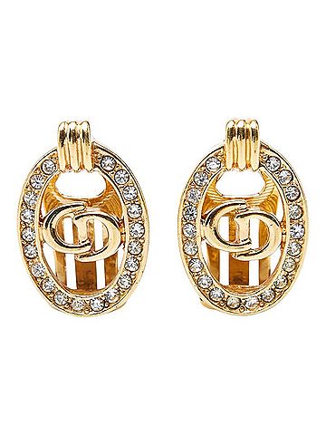 Christian Dior Christian Dior Dior CD Logo Oval Earrings, Gold Plated Rhinestones, Women's (view 2)