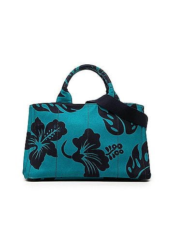 Prada Prada Triangle Logo Plate Hibiscus Hawaiian Canapa Handbag Shoulder Bag 2WAY B2642B Blue Navy Canvas Women's PRADA (view 1)