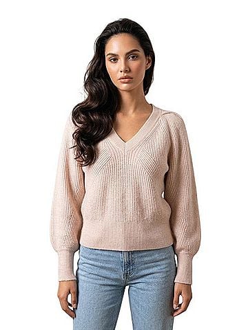 White House Black Market Blush Ribbed V-Neck Balloon Sleeve Sweater Casual Sweaters (view 1)