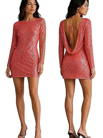 Anthropologie Sequin Long Sleeve Drape Back Mini Dress Cocktail Dress (view 1)