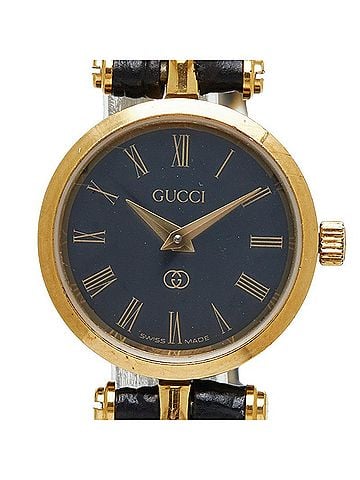 Gucci Gucci watch, aftermarket strap, quartz movement, black dial, plated leather women's watch. (view 1)