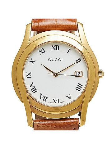 Gucci Gucci watch, aftermarket strap, 5400M quartz movement, white dial, stainless steel plated leather men's watch. (view 1)