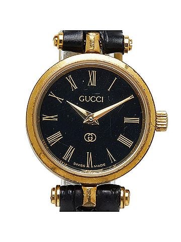 Gucci Gucci watch, aftermarket strap, quartz movement, black dial, plated leather women's watch. (view 1)