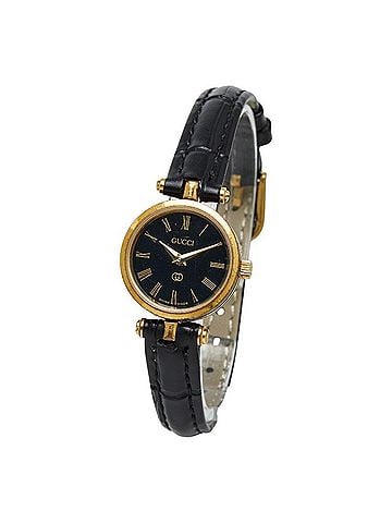 Gucci Gucci watch, aftermarket strap, quartz movement, black dial, plated leather women's watch. (view 2)