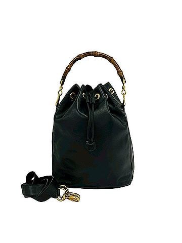 Gucci GUCCI Vintage Bamboo Leather Drawstring 2-Way Handbag/Shoulder Bag, Black, 132-7 (view 1)