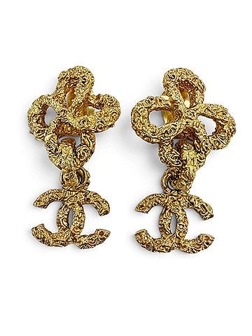 Chanel CHANEL Vintage 93A Metal Lava Flower Coco Mark Swing Earrings, Gold, Made in France, Women's, with Box (view 1)
