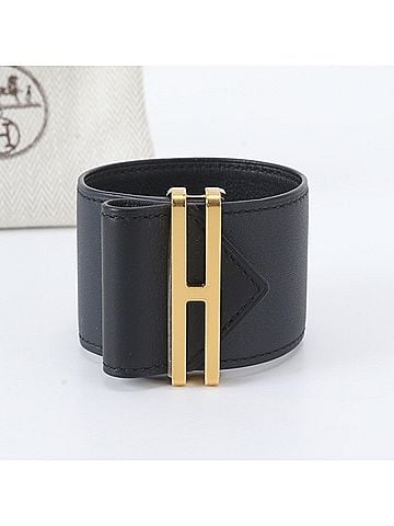 Hermès Hermes U stamp, manufactured in 2022, Elan Cuff Leather Bracelet Bangle, Black, Women's Accessory (view 1)