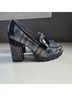 Betsey Johnson 100% Polyurethane Plaid Black Blue Silver Heels Size 6 1/2 - photo 4