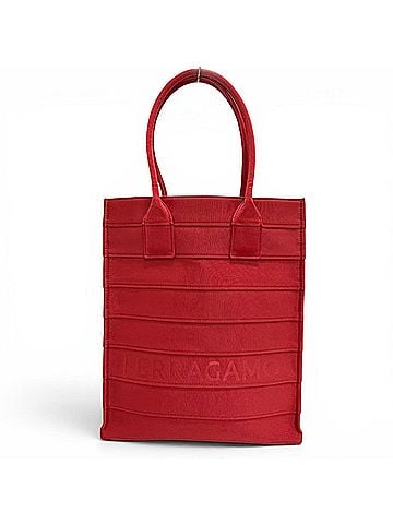 Salvatore Ferragamo Salvatore Ferragamo FERRAGAMO 213986 Front Logo Leather Grosgrain Square Tote Bag Red Made in Italy Women's with Dust (view 1)