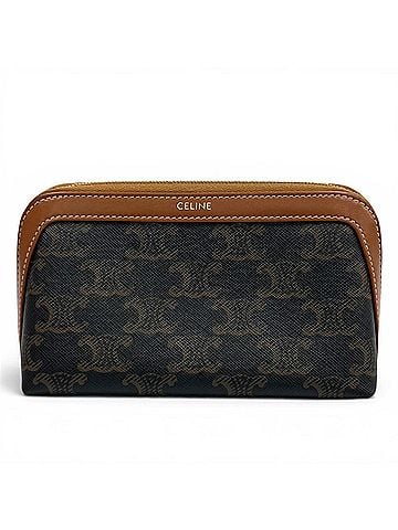 Céline CELINE 4M1622CZ Small Cosmetic Pouch, Triomphe Canvas and Calfskin, Tan, Makeup Gold Hardware, Made in Italy, Women's (view 1)