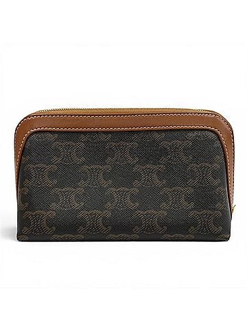 Céline CELINE 4M1622CZ Small Cosmetic Pouch, Triomphe Canvas and Calfskin, Tan, Makeup Gold Hardware, Made in Italy, Women's (view 2)