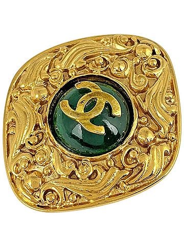 Chanel Chanel brooch, Coco Mark, GP (Gold Plated), colored stone, gold, green, women's. (view 1)
