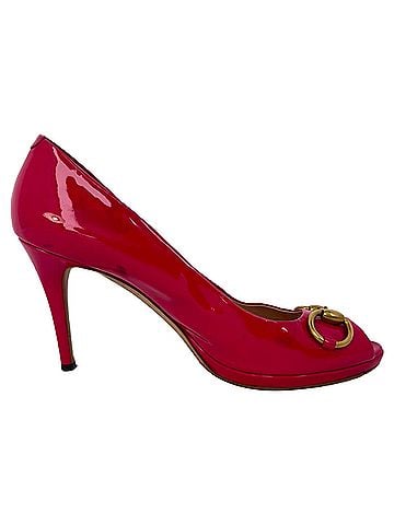 Gucci Gucci New Hollywood Horsebit Peep Toe Pumps in Pink Patent Leather (view 1)