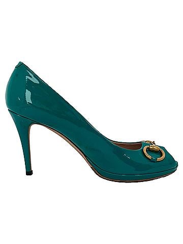Gucci Gucci New Hollywood Horsebit Peep Toe Pumps in Turquoise Patent Leather (view 1)
