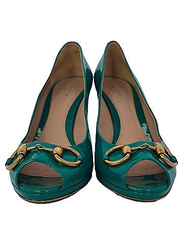 Gucci Gucci New Hollywood Horsebit Peep Toe Pumps in Turquoise Patent Leather (view 2)