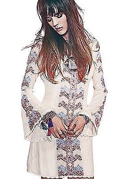 Free People 2014 Embroidered Crochet Trim Bell Sleeve Mini Dress | Boho Festival Tumblr Indie Retro Cottagecore Cocktail Dress (view 2)