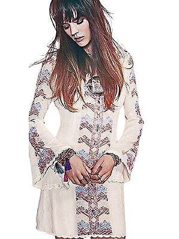 Free People 2014 Embroidered Crochet Trim Bell Sleeve Mini Dress | Boho Festival Tumblr Indie Retro Cottagecore Cocktail Dress (view 2)