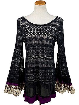 Free People 2012 RARE Gypsy Junkies x FP Black Lace Embellished Bell Sleeve Tunic Mini Dress S/M | Boho Fairy Casual Dress (view 2)