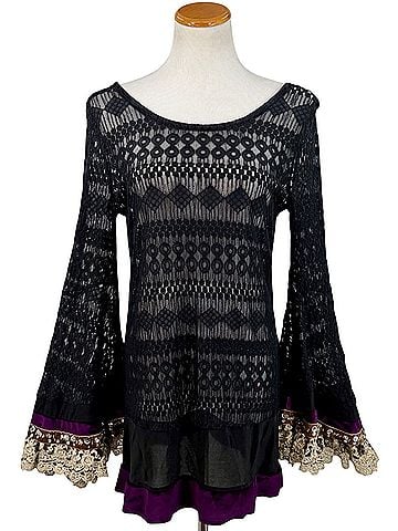 Free People 2012 RARE Gypsy Junkies x FP Black Lace Embellished Bell Sleeve Tunic Mini Dress S/M | Boho Fairy Casual Dress (view 2)