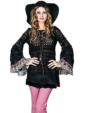 Free People 2012 RARE Gypsy Junkies x FP Black Lace Embellished Bell Sleeve Tunic Mini Dress S/M | Boho Fairy Casual Dress (view 1)