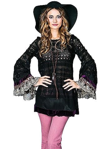 Free People 2012 RARE Gypsy Junkies x FP Black Lace Embellished Bell Sleeve Tunic Mini Dress S/M | Boho Fairy Casual Dress (view 1)
