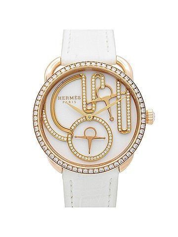 Hermès Hermes Arceau Grande Turarara Bride et Maure Watch, 18K Pink Gold (PG), Diamond, Leather Strap, Women's, White (AR12.671) (view 1)
