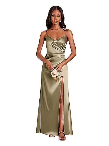 Birdy Grey Satin Maxi Ruched Bridemaid Gown Cocktail Dress (view 1)