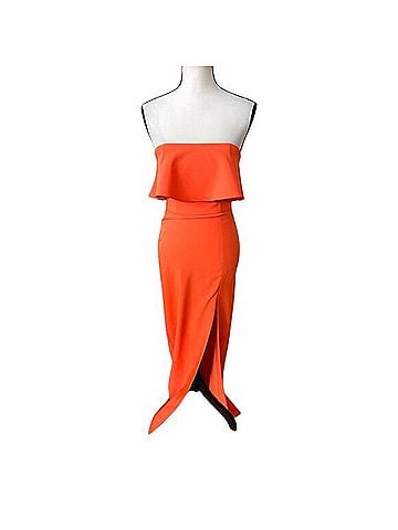 Aidan by Aidan Mattox Aidan Mattox Orange Strapless Ruffle High Thigh Slit Maxi Column Gown Cocktail Dress (view 2)