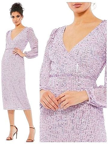 Mac Duggal Mac Duggal 107641 Sequin Lavender Purple V Neck Long Sleeve Midi Dress 4 Gown Cocktail Dress (view 2)