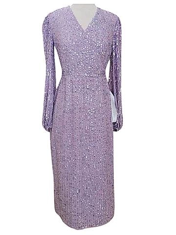 Mac Duggal Mac Duggal 107641 Sequin Lavender Purple V Neck Long Sleeve Midi Dress 4 Gown Cocktail Dress (view 1)