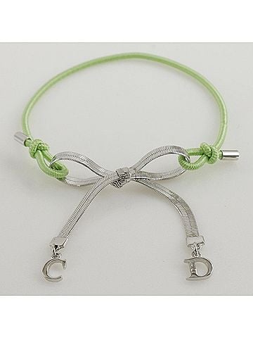 Christian Dior Christian Dior Dior CD Ribbon Bracelet, Metal and Rubber, Silver/Yellow-Green Ribbon, Approx. 4.6g, Women's (view 1)