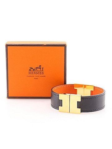 Hermès Hermes Lurie Bracelet, Reversible, Leather x Gold Plated, Black/Orange, Approx. 23.8g, Women's (view 1)