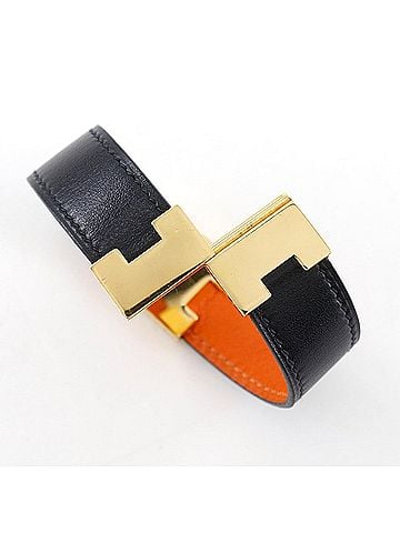 Hermès Hermes Lurie Bracelet, Reversible, Leather x Gold Plated, Black/Orange, Approx. 23.8g, Women's (view 2)