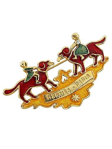 Hermès Hermes Hermès Cloisonne Girl &amp; Dog Brooch, Vintage Cloisonné, Gold-Plated, Green, Approx. 18g (view 1)