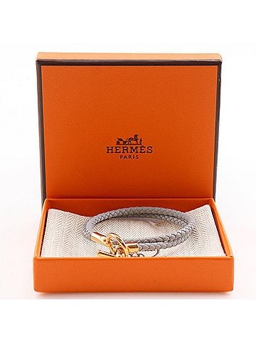 Hermès Hermes Grennan de Bourtour Bracelet, Leather x Gold Plated, Gray, Approx. 8.6g, Women's (view 1)