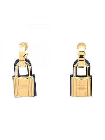 Hermès Hermes O'Kelly D-stamp Earrings, Gold Plated Leather, Women's, Navy/Gold Tone (view 1)