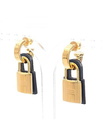 Hermès Hermes O'Kelly D-stamp Earrings, Gold Plated Leather, Women's, Navy/Gold Tone (view 2)