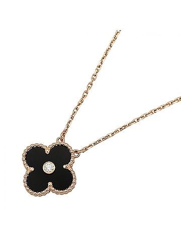 Van Cleef & Arpels Van Cleef &amp; Arpels Vintage Alhambra Onyx 1PD Necklace, 18K Pink Gold (PG), Diamond, Onyx, Women's, Black, Clear, Tones, VCAR097I00 (view 1)