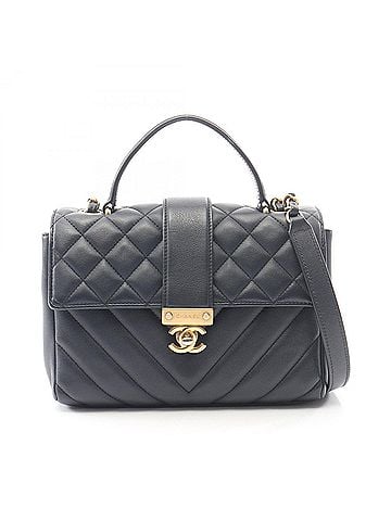 Chanel Chanel Matelassé V-stitch Top Handle 2-Way Shoulder Bag/Handbag, Leather, Women's, Navy (view 1)